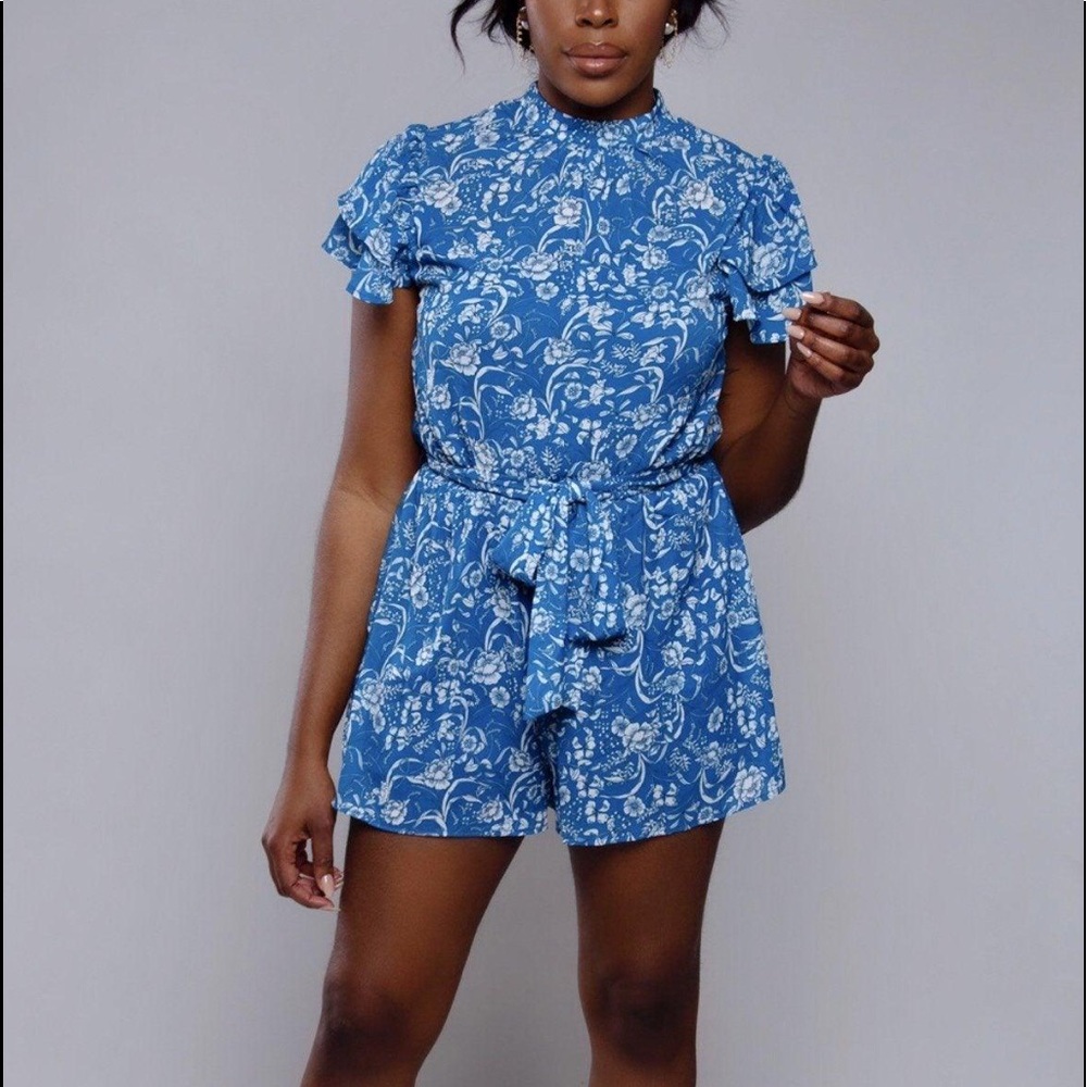 NEW High-Neck Blue Floral Printed Romper Shorts